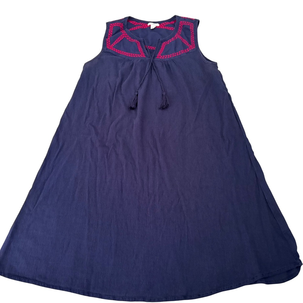 Navy‎ Blue Embroidered Tassel Sleeveless Shift Dress Pink Boho M  Lightweight
